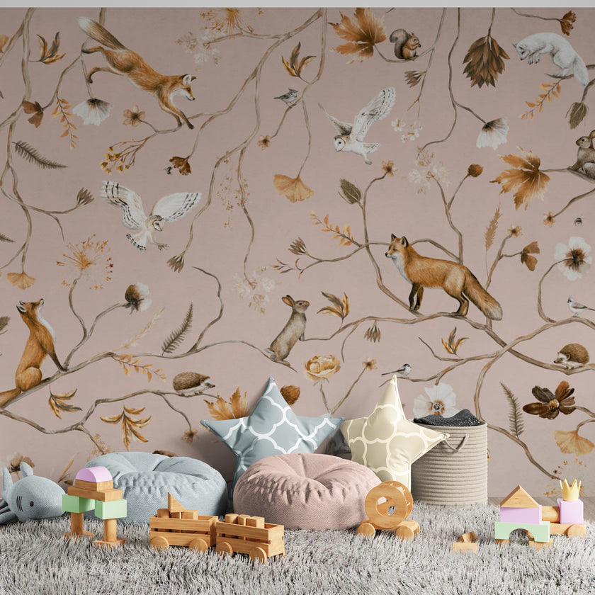 GDSE3148 Playful Forest Wallpaper Premium Peel and Stick Material 26in Wide x 6ft, 9 ft, 12ft, Taupe