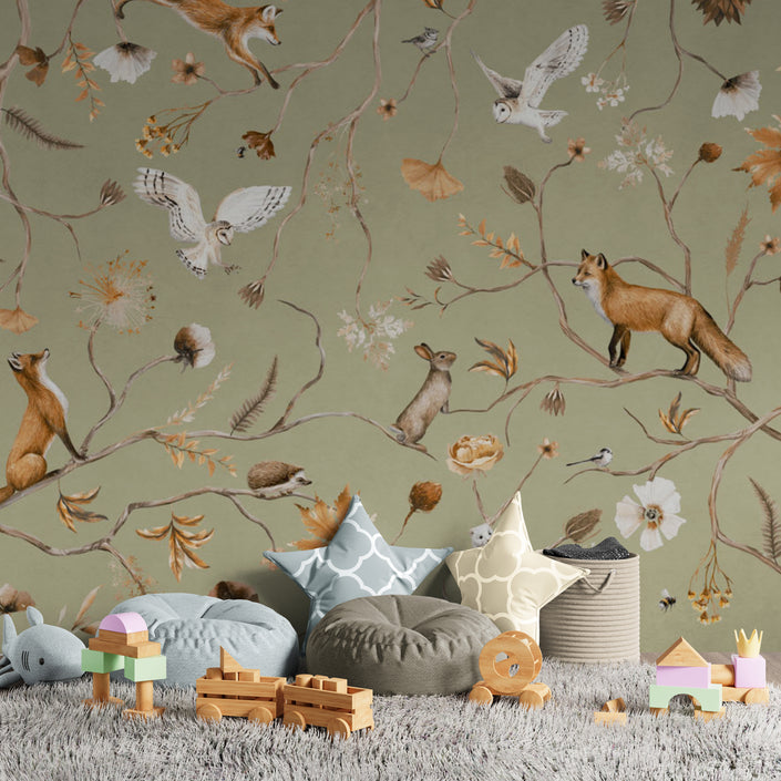 GDSE3144 Playful Forest Wallpaper Premium Peel and Stick Material 26in Wide x 6ft, 9 ft, 12ft, Monochrome Green