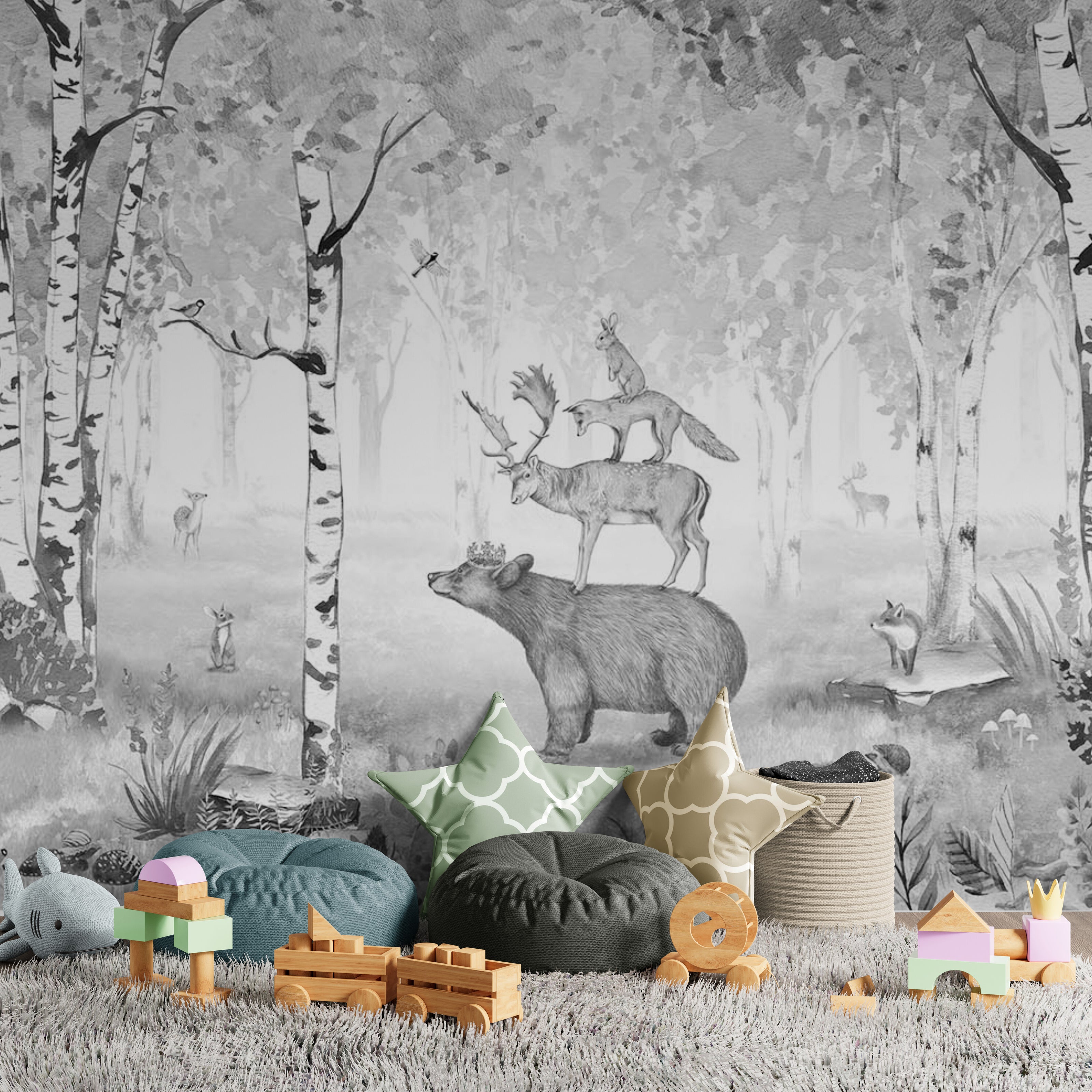 GDSE3020 Bear King Wallpaper Mural Premium Peel and Stick Material 26in Wide x 9 ft. Black White Gray