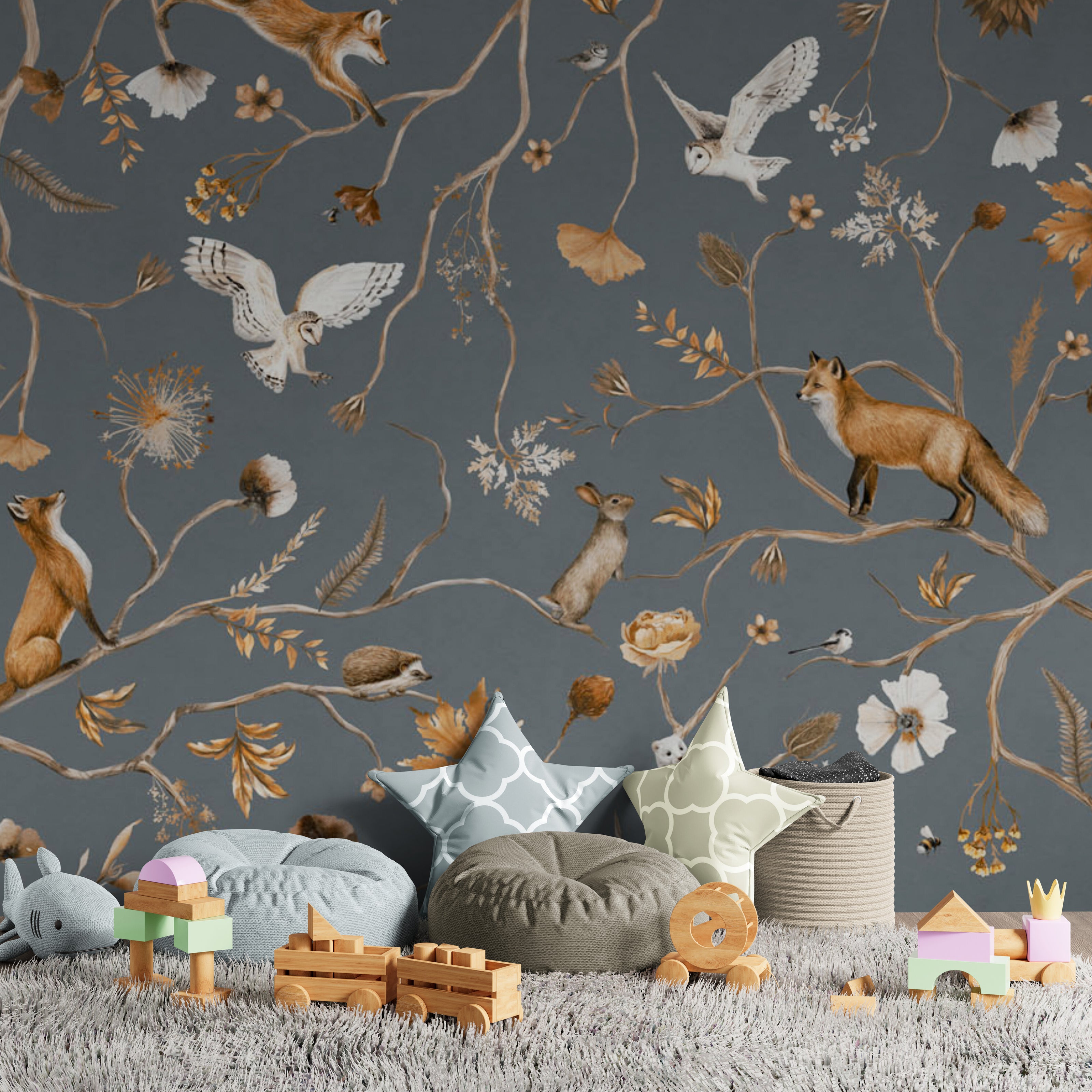 GDSE3141 Playful Forest Wallpaper Premium Peel and Stick Material 26in Wide x 6ft, 9 ft, 12ft, Blue