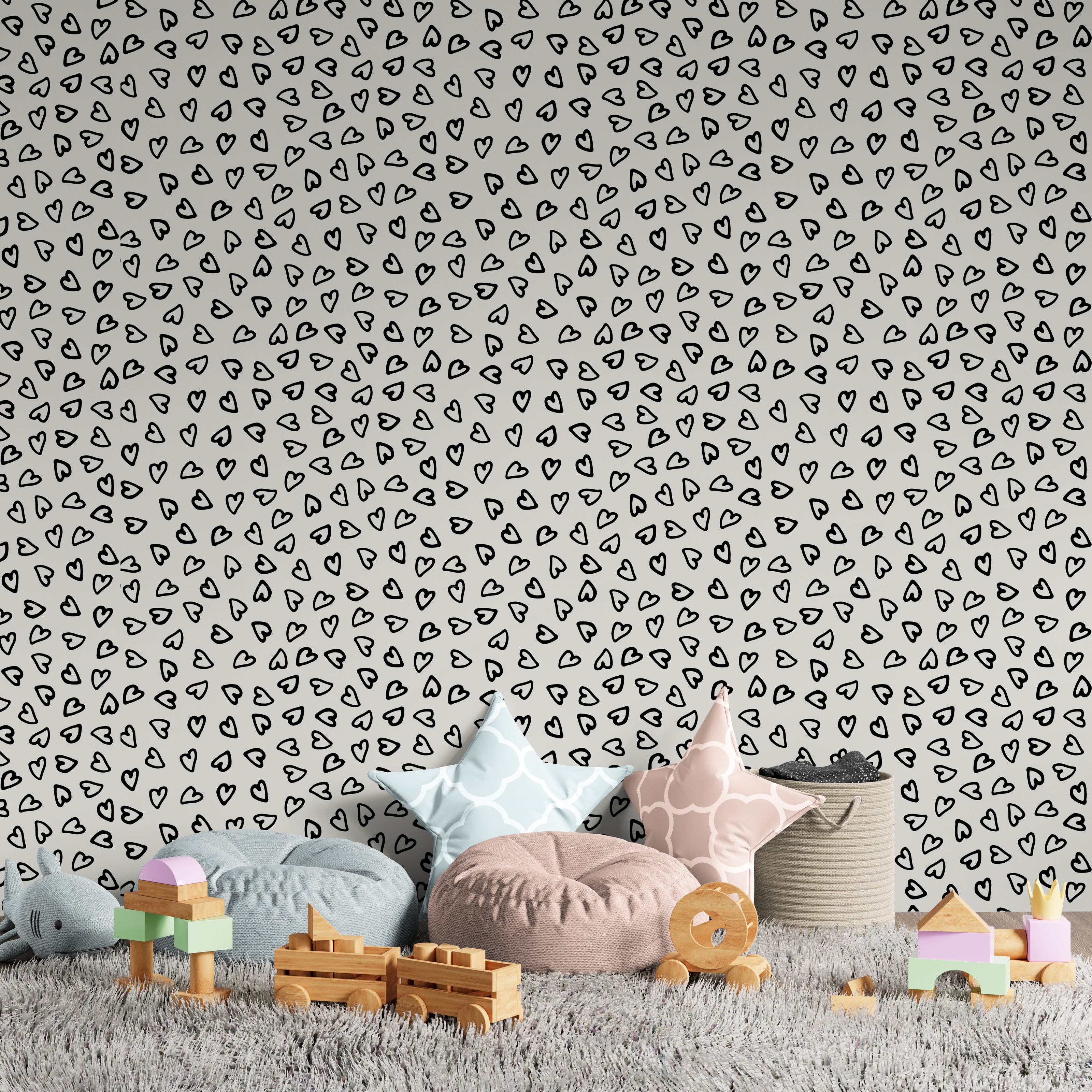 GP1006 Hand Painted Hearts Premium Peel and Stick Wallpaper Panel 6 Ft High x 26 Wide Black on Beige