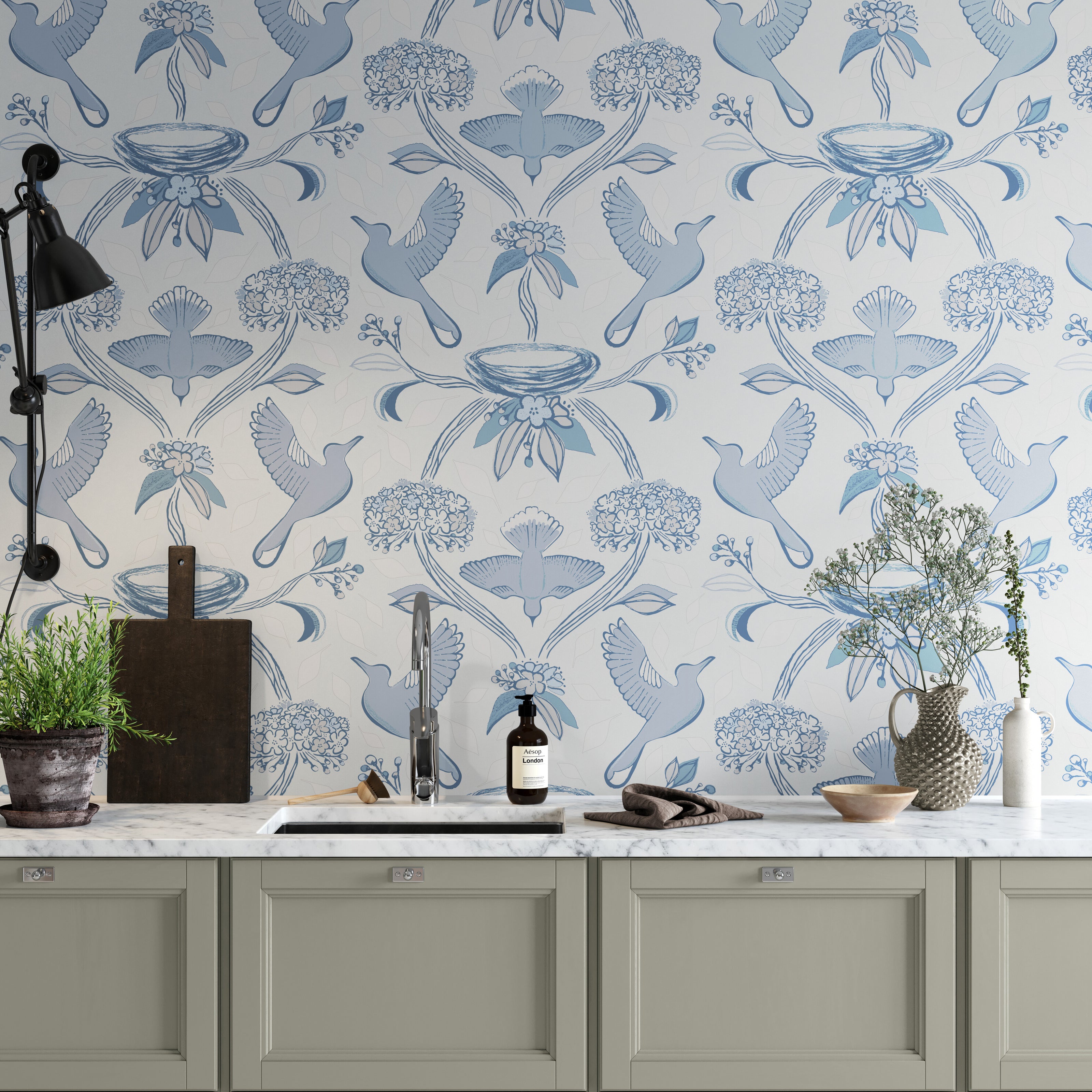 GDE0001 First Flight Endless Mural Peel and Stick Wallpaper Two Panels 26 inch Wide x 6 Ft High in Light Gray Muted Navy Soft Blue