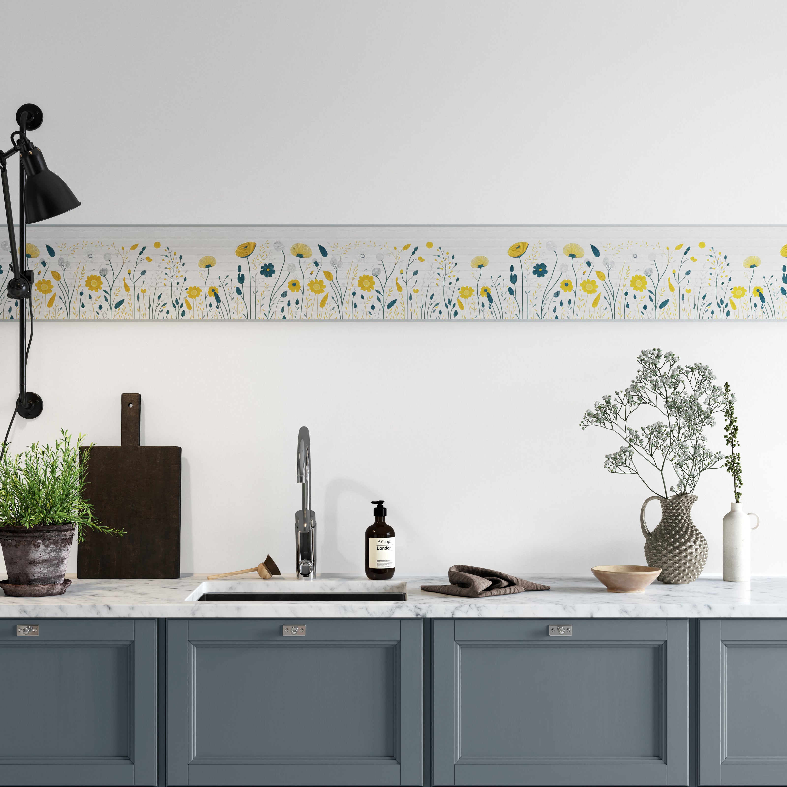 GB5050g8 City Wildflowers Peel and Stick Wallpaper Border 8in Height x 15ft Long Gray Yellow