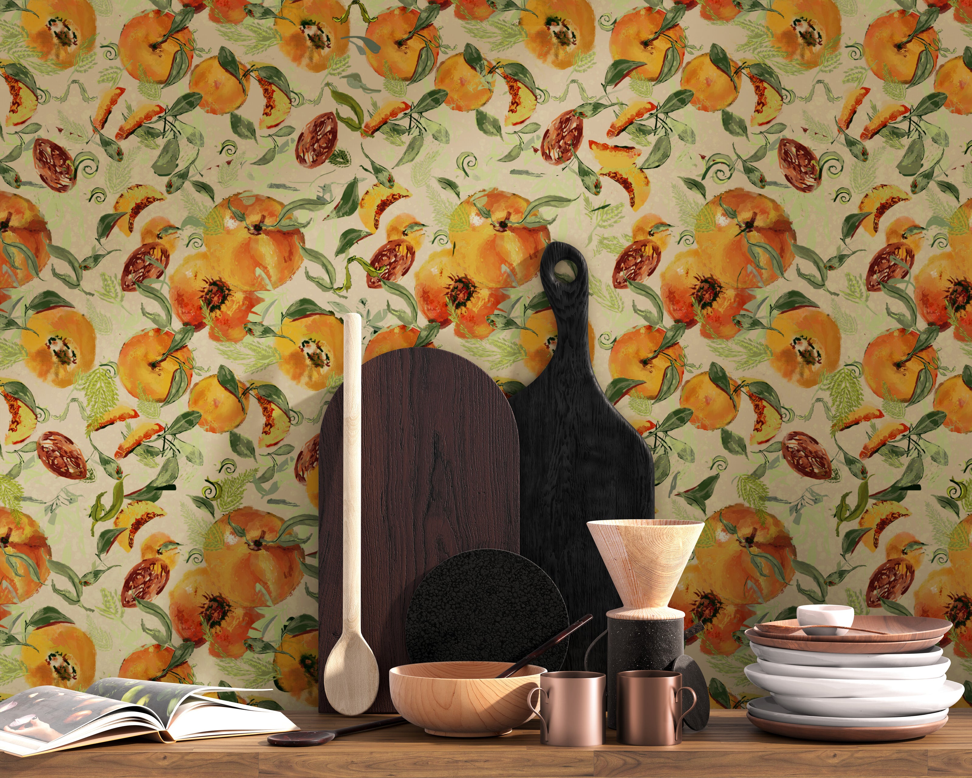 GDSL5030 Peaches Premium Peel and Stick Wallpaper Panel 26 inch Wide in Orange Green Tan