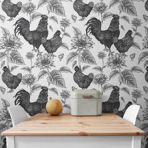 GW4014 French Farmhouse Chickens & Sunflowers Peel and Stick Wallpaper Roll 19 inch Wide x 18 ft. Long Black White