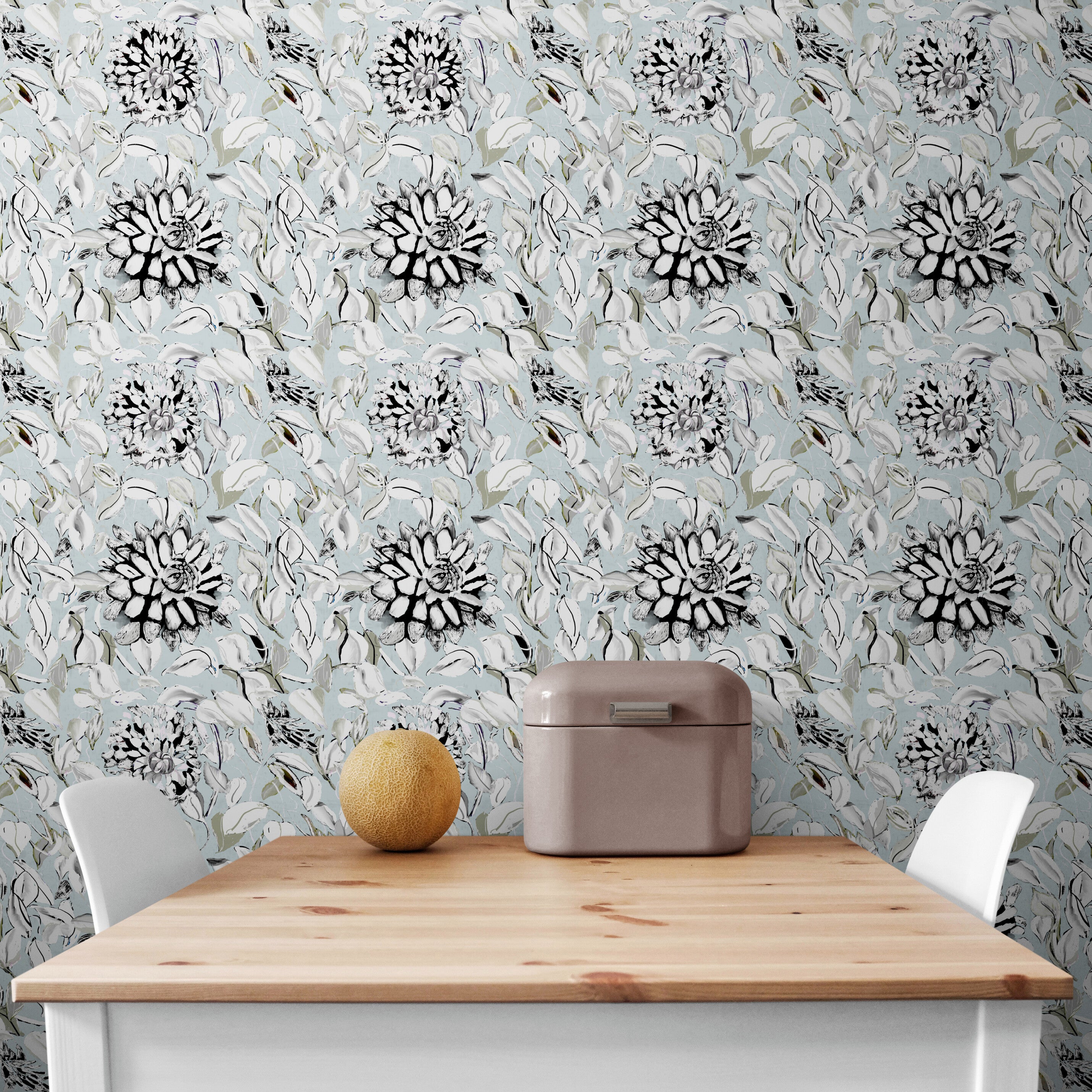 GDSL5003 Dahlias Premium Peel and Stick Wallpaper Panel 26 inch Wide in Light Teal White Black