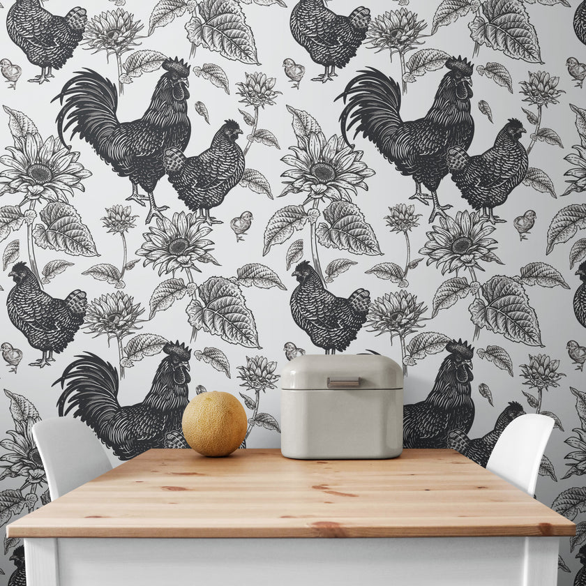 GW4014 French Farmhouse Chickens & Sunflowers Peel and Stick Wallpaper Roll 19 inch Wide x 18 ft. Long Black White