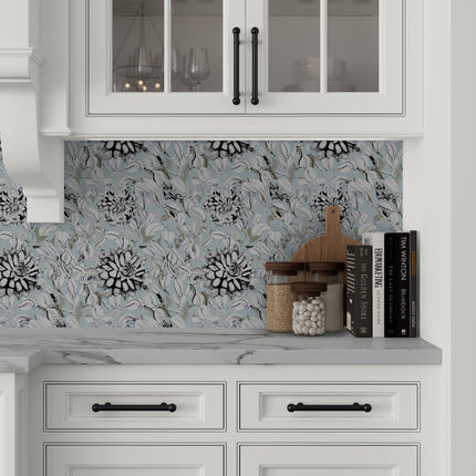 GDSL5003 Dahlias Premium Peel and Stick Wallpaper Panel 26 inch Wide in Light Teal White Black