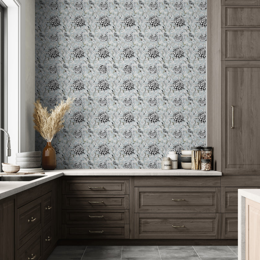 GDSL5003 Dahlias Premium Peel and Stick Wallpaper Panel 26 inch Wide in Light Teal White Black