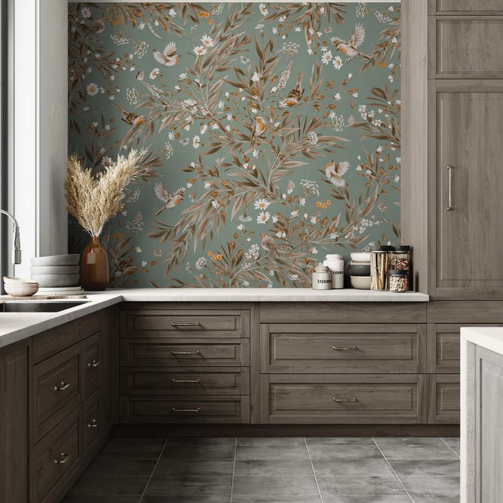 GDSE3180 Playful Robin Wallpaper Premium Peel and Stick Material 26in Wide x 6ft, 9 ft, 12ft, Vintage Green