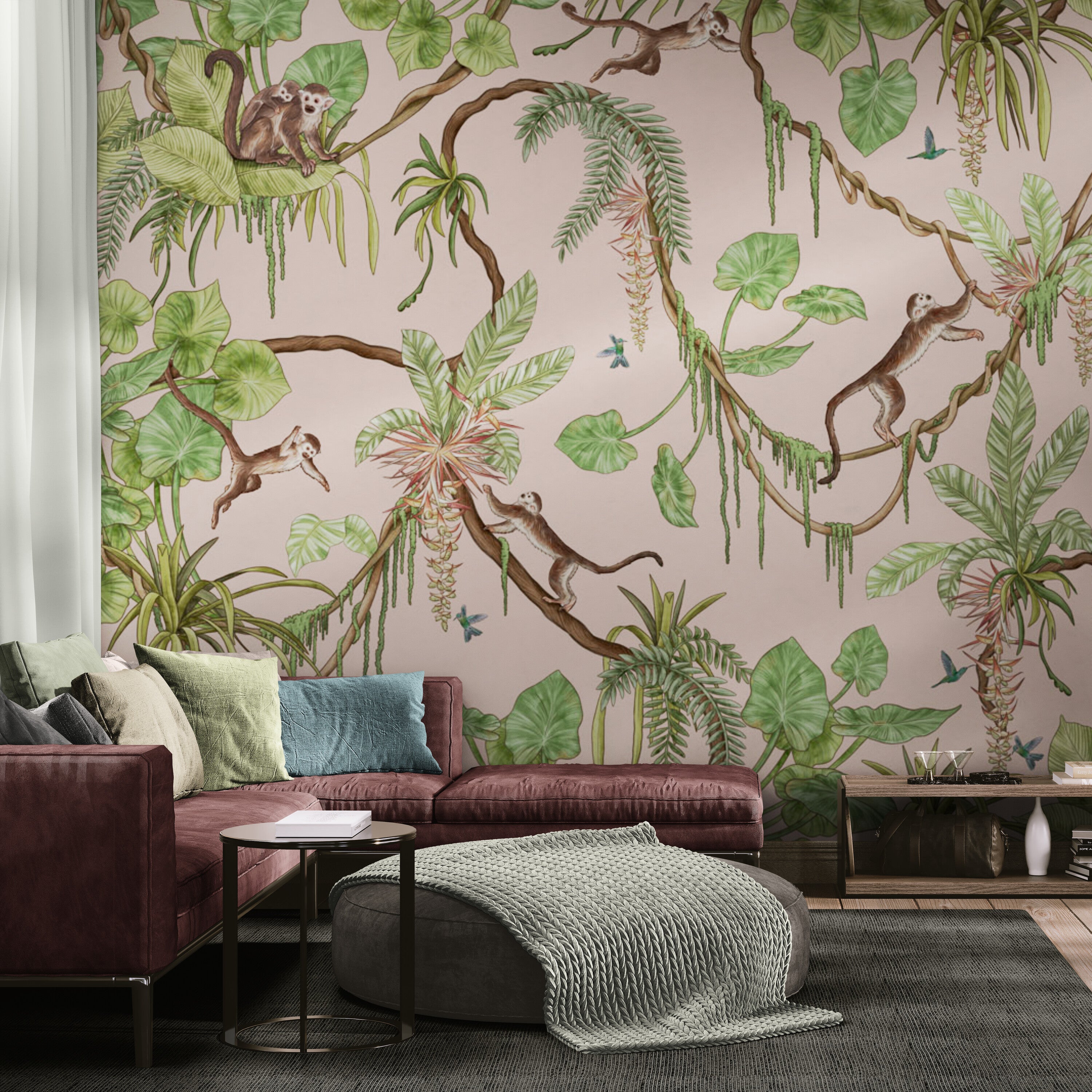 GDSE3156 Playful Monkey Wallpaper Premium Peel and Stick Material 26in Wide x 6ft, 9 ft, 12ft, Pink