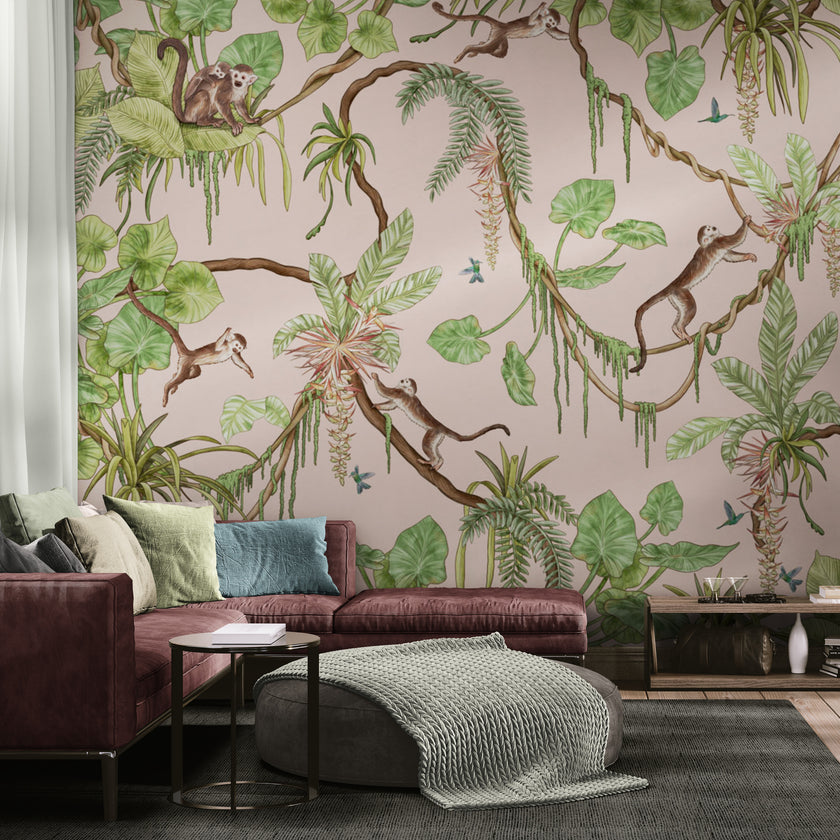 GDSE3156 Playful Monkey Wallpaper Premium Peel and Stick Material 26in Wide x 6ft, 9 ft, 12ft, Pink