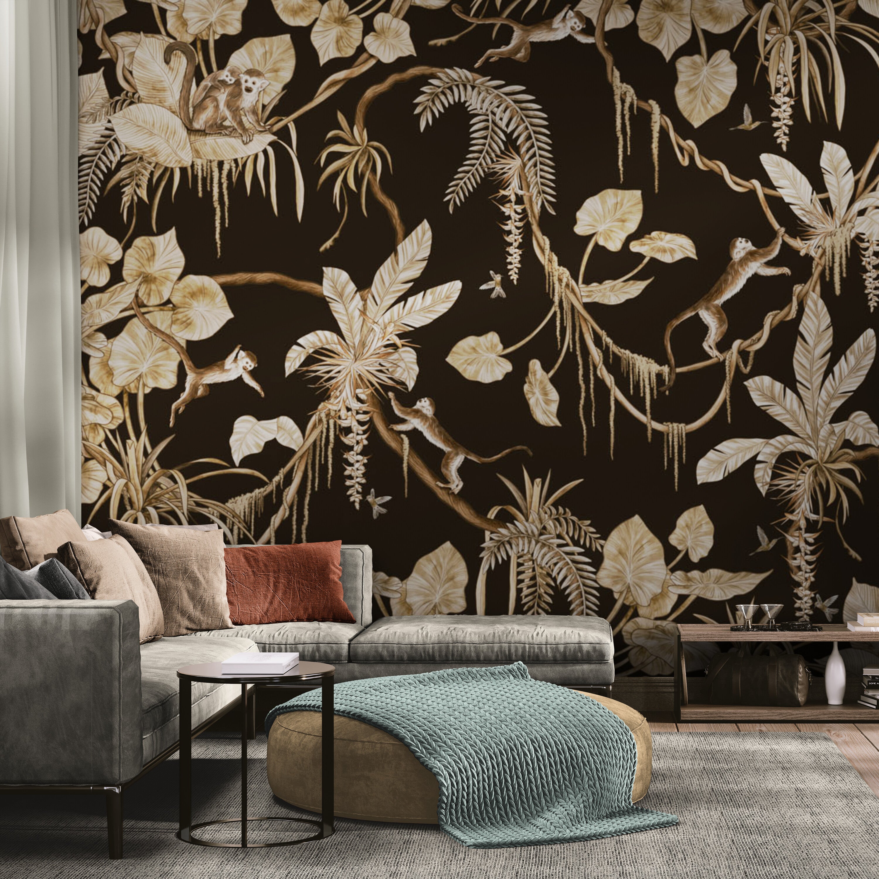 GDSE3158 Playful Monkey Wallpaper Premium Peel and Stick Material 26in Wide x 6ft, 9 ft, 12ft, Vintage Black