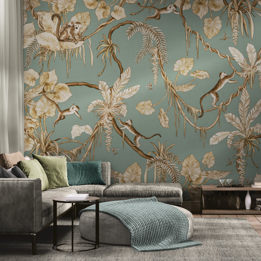 GDSE3160 Playful Monkey Wallpaper Premium Peel and Stick Material 26in Wide x 6ft, 9 ft, 12ft, Vintage Green