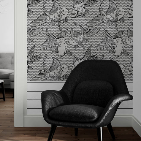 GP3033 Goldfish on Silver Premium Peel and Stick Wallpaper Panel 6 Ft High x 26 Wide in Black Silver
