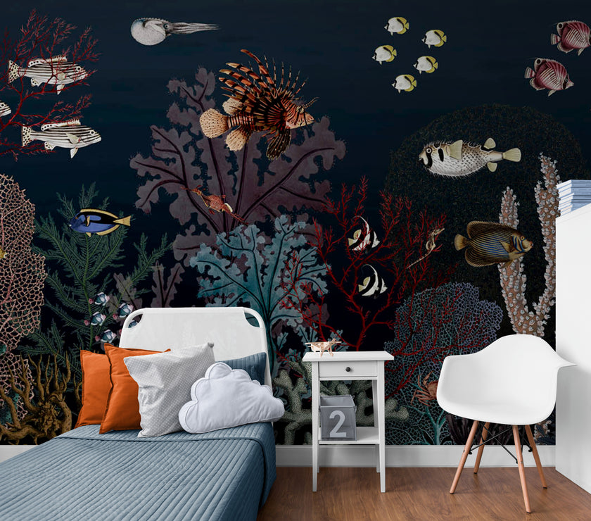 GDSE3130 Roaring Reef Wallpaper Premium Peel and Stick Material 26in Wide x 6ft, 9 ft, 12ft, Dark Blue