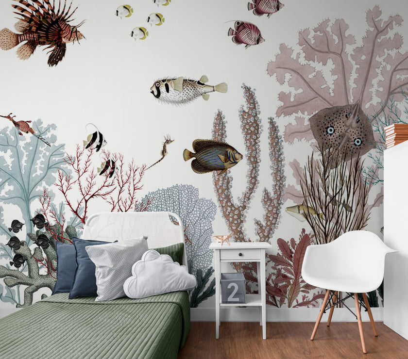 GDSE3131 Roaring Reef Wallpaper Premium Peel and Stick Material 26in Wide x 6ft, 9 ft, 12ft, White