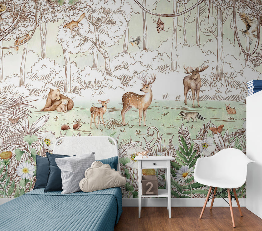 GDSE3051 Forest Friends Wallpaper Mural Premium Peel and Stick Material 26in Wide x 9 ft. Green White