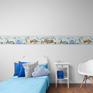 GB9020 Travel Bucket List Peel and Stick Wallpaper Border 10in or 8in Height x 15ft Long, Gray Teal Blue Brown Yellow