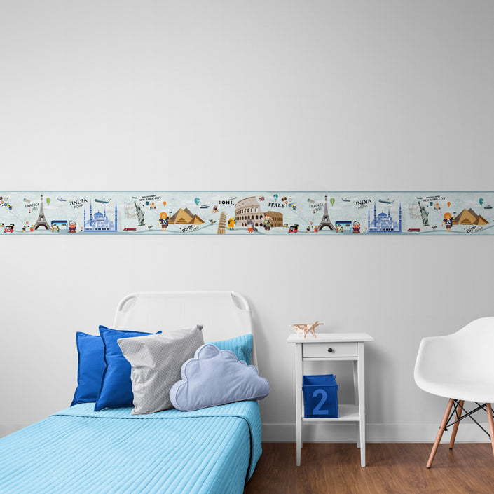 GB9020 Travel Bucket List Peel and Stick Wallpaper Border 10in or 8in Height x 15ft Long, Gray Teal Blue Brown Yellow