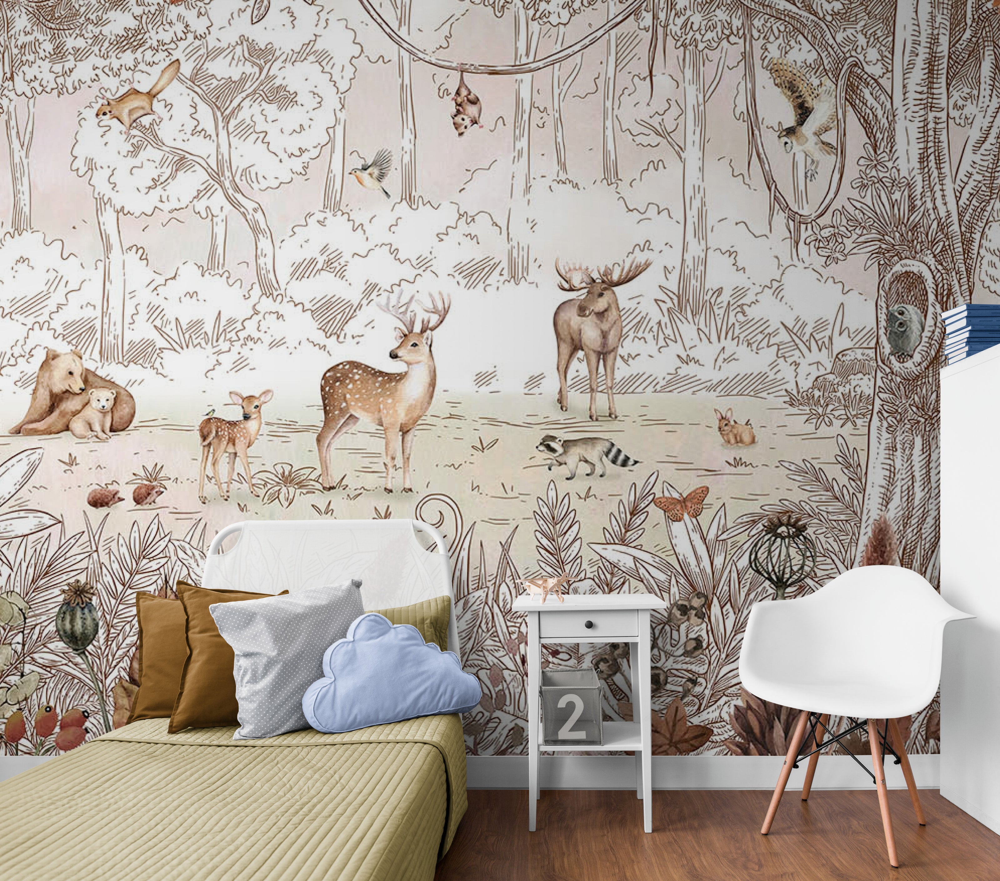 GDSE3050 Forest Friends Wallpaper Mural Premium Peel and Stick Material 26in Wide x 9 ft. White Brown
