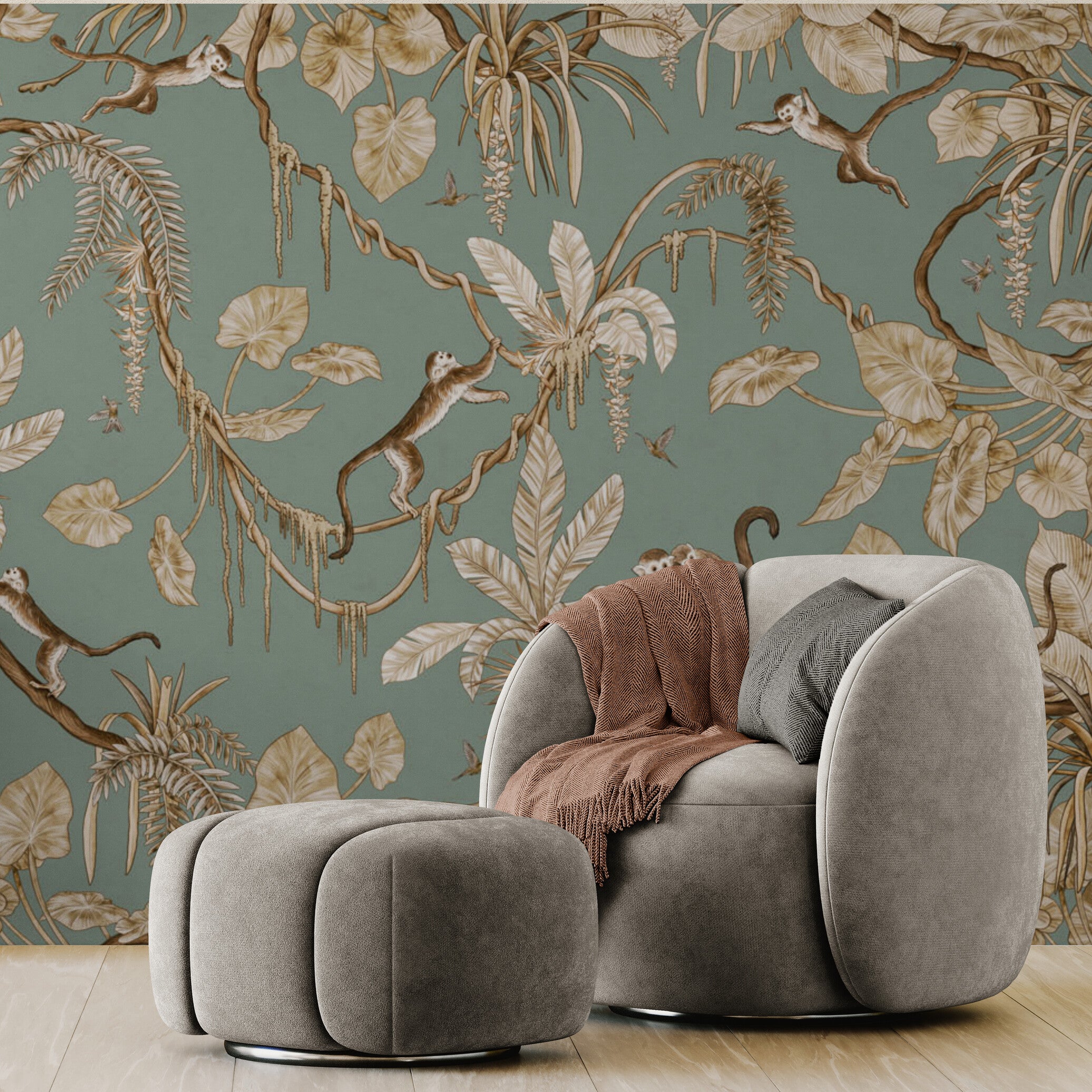 GDSE3162 Playful Monkey Wallpaper Premium Peel and Stick Material 26in Wide x 6ft, 9 ft, 12ft, White