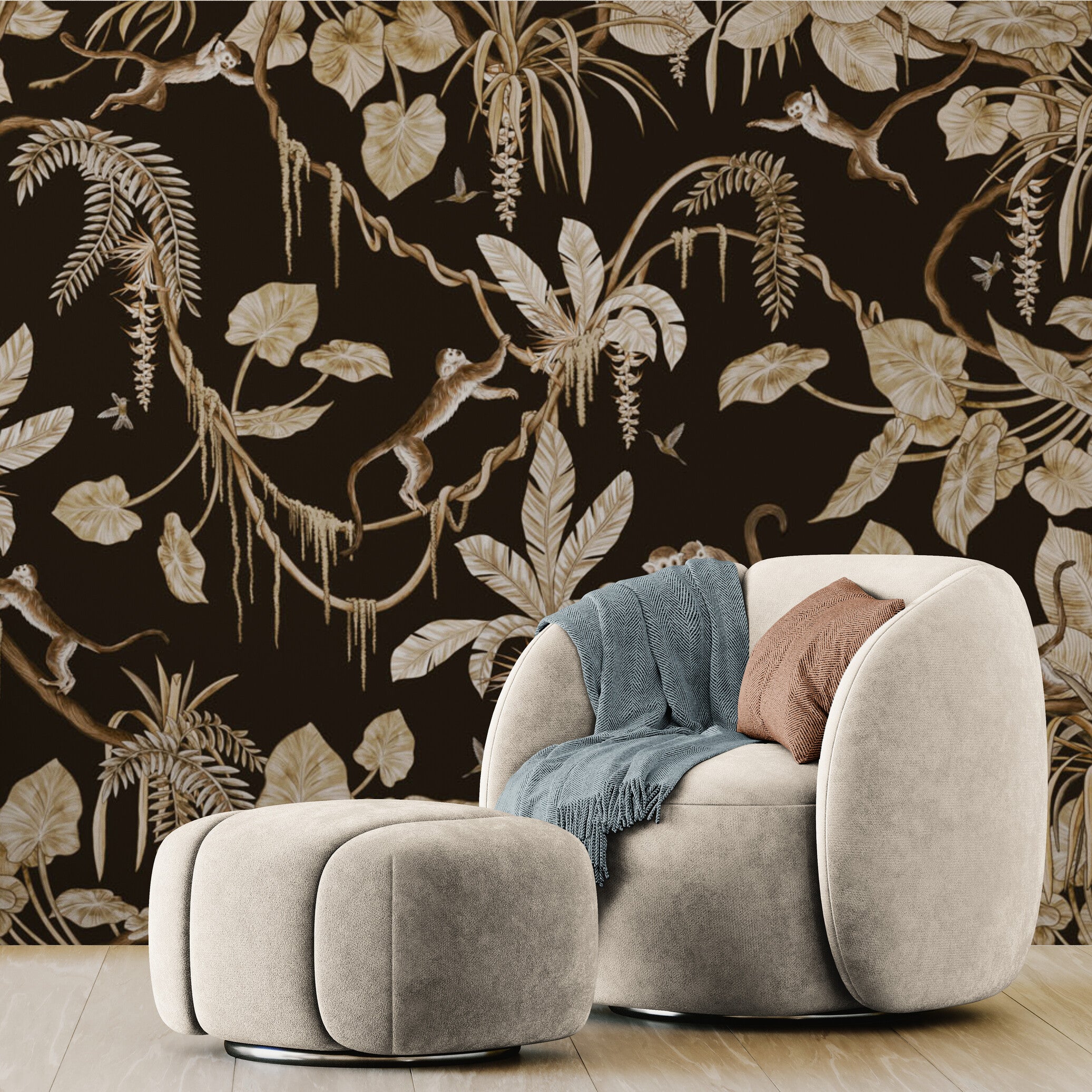 GDSE3158 Playful Monkey Wallpaper Premium Peel and Stick Material 26in Wide x 6ft, 9 ft, 12ft, Vintage Black