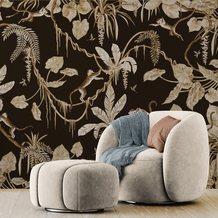 GDSE3158 Playful Monkey Wallpaper Premium Peel and Stick Material 26in Wide x 6ft, 9 ft, 12ft, Vintage Black
