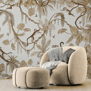 GDSE3162 Playful Monkey Wallpaper Premium Peel and Stick Material 26in Wide x 6ft, 9 ft, 12ft, White