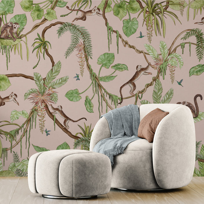 GDSE3152 Playful Monkey Wallpaper Premium Peel and Stick Material 26in Wide x 6ft, 9 ft, 12ft, Monochrome Black
