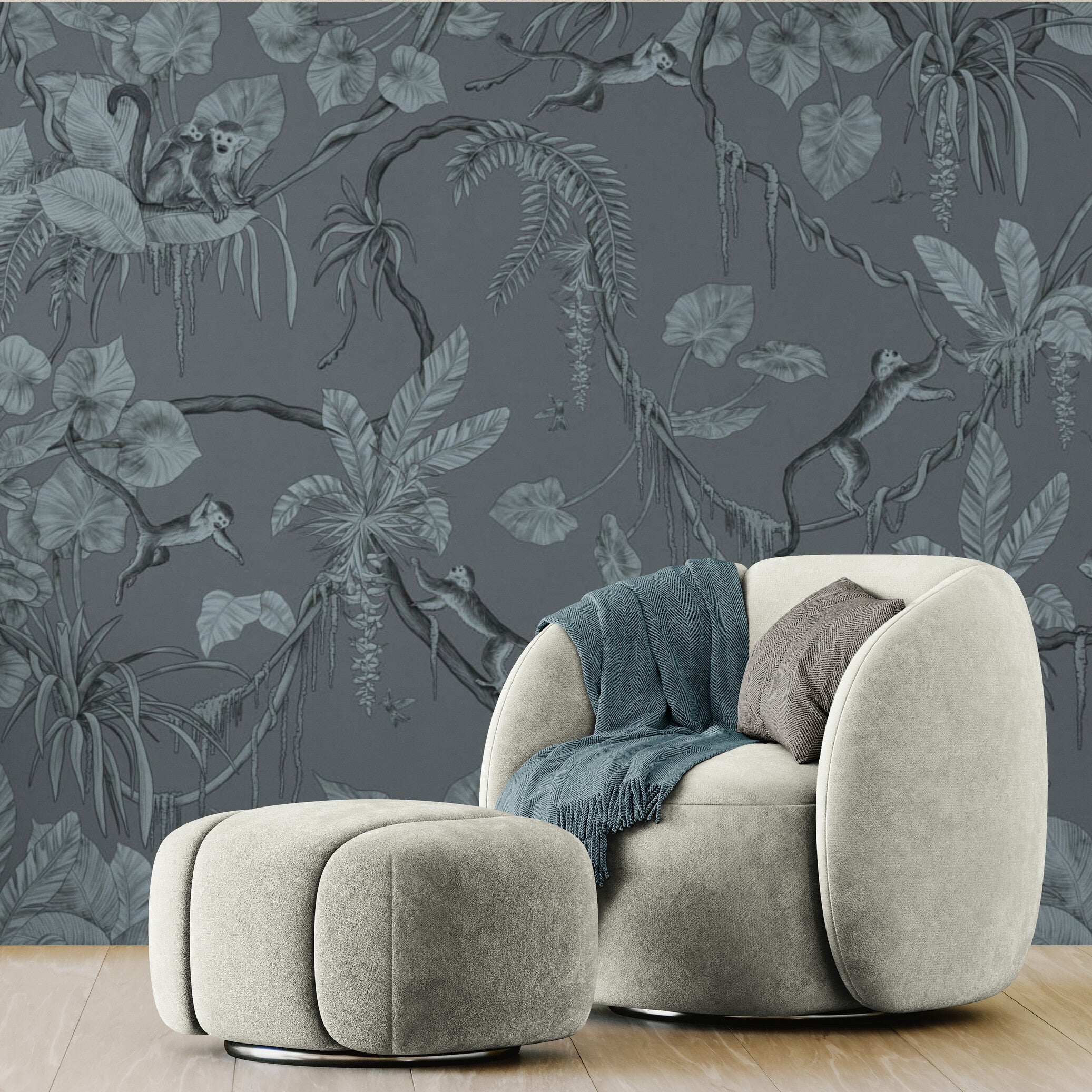 GDSE3153 Playful Monkey Wallpaper Premium Peel and Stick Material 26in Wide x 6ft, 9 ft, 12ft, Monochrome Blue