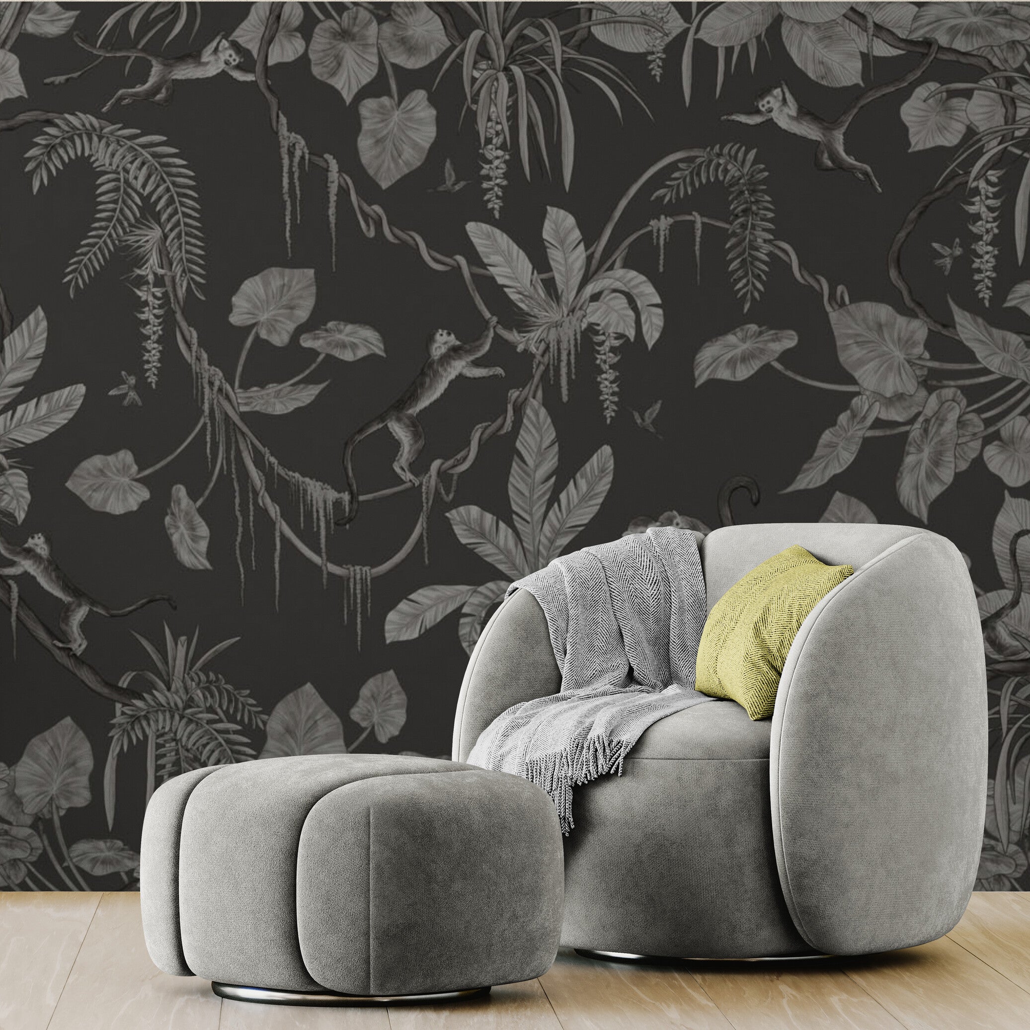 GDSE3152 Playful Monkey Wallpaper Premium Peel and Stick Material 26in Wide x 6ft, 9 ft, 12ft, Monochrome Black
