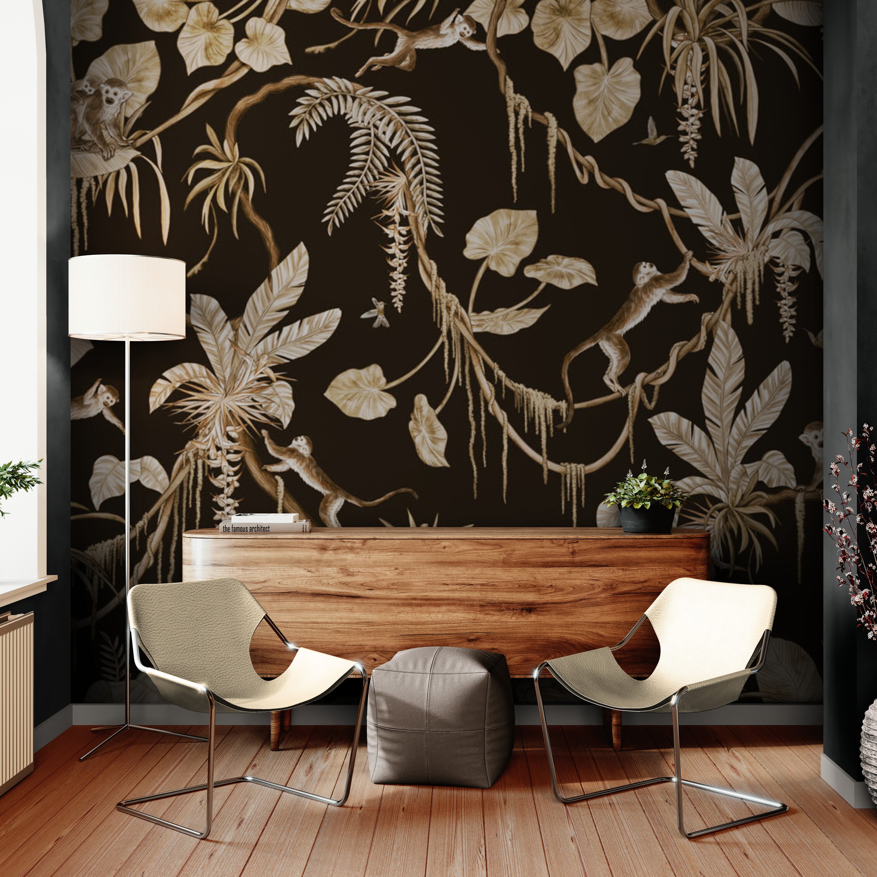 GDSE3158 Playful Monkey Wallpaper Premium Peel and Stick Material 26in Wide x 6ft, 9 ft, 12ft, Vintage Black