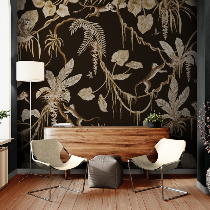 GDSE3152 Playful Monkey Wallpaper Premium Peel and Stick Material 26in Wide x 6ft, 9 ft, 12ft, Monochrome Black