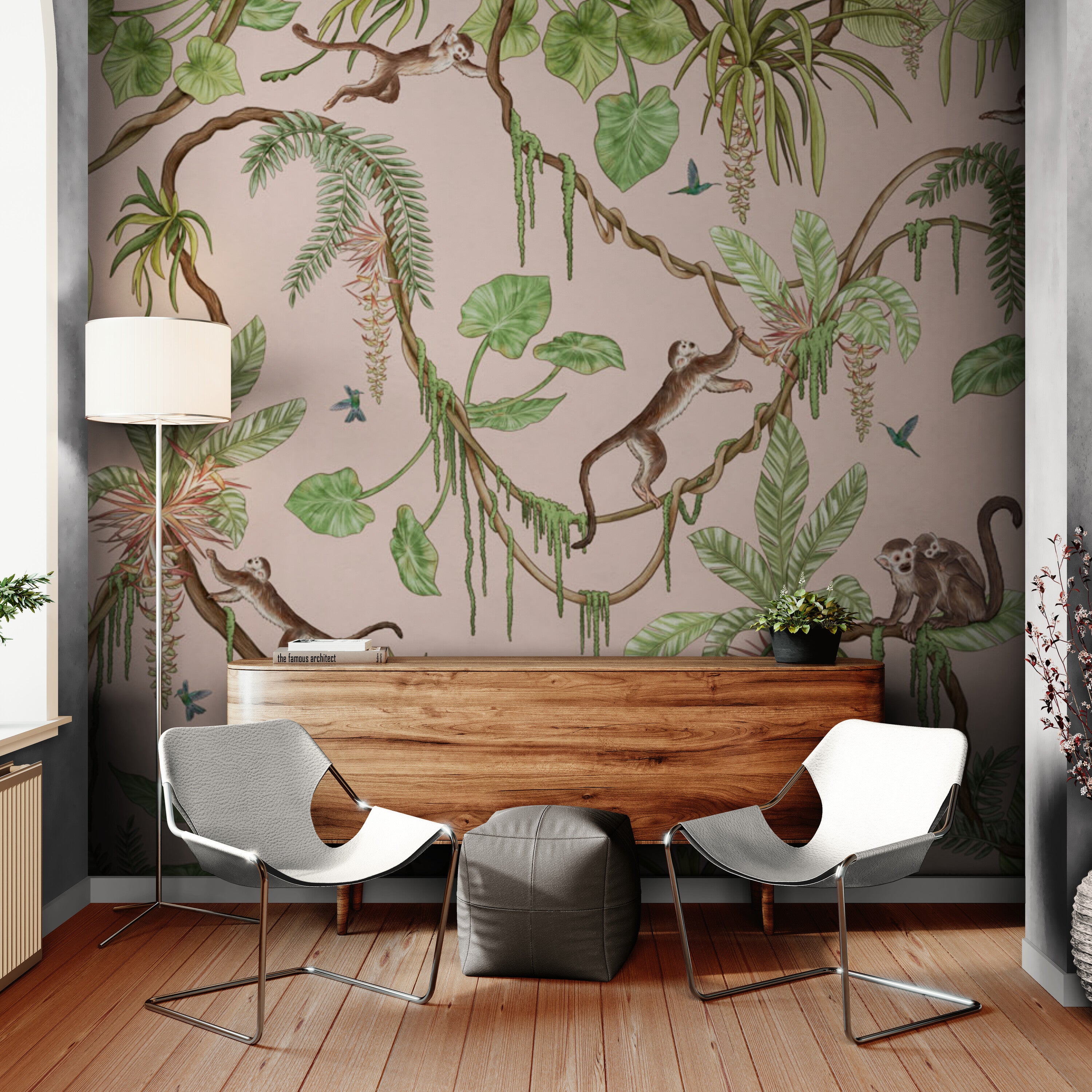 GDSE3156 Playful Monkey Wallpaper Premium Peel and Stick Material 26in Wide x 6ft, 9 ft, 12ft, Pink