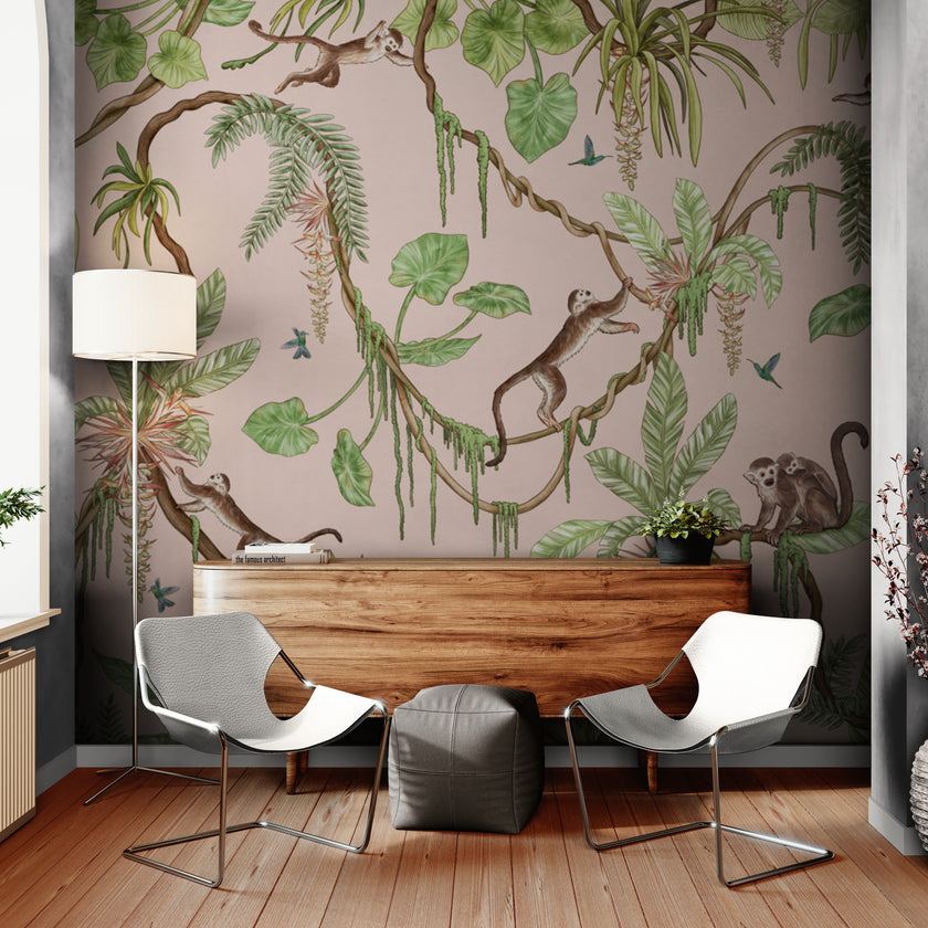 GDSE3156 Playful Monkey Wallpaper Premium Peel and Stick Material 26in Wide x 6ft, 9 ft, 12ft, Pink