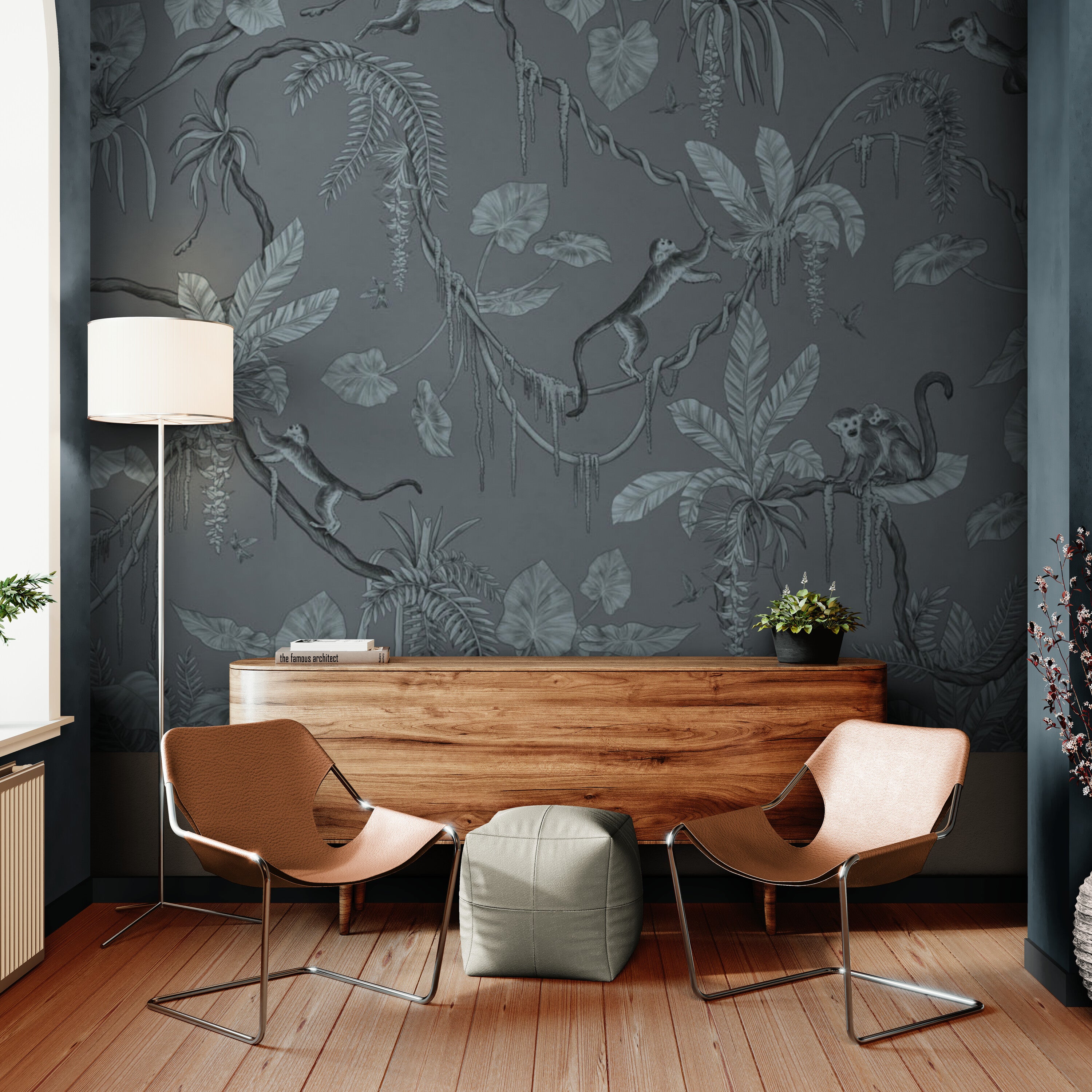 GDSE3153 Playful Monkey Wallpaper Premium Peel and Stick Material 26in Wide x 6ft, 9 ft, 12ft, Monochrome Blue