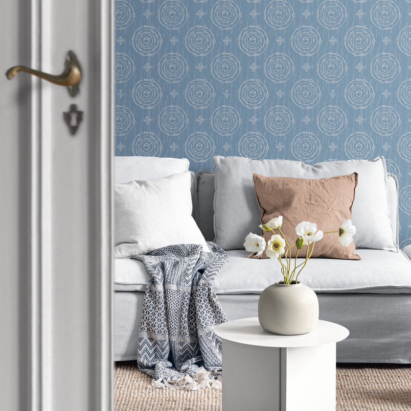 GDW0001 Ages And Stages Wallpaper Roll 19 inch Wide x 18 ft. Long in Denim Wash Blue Off White