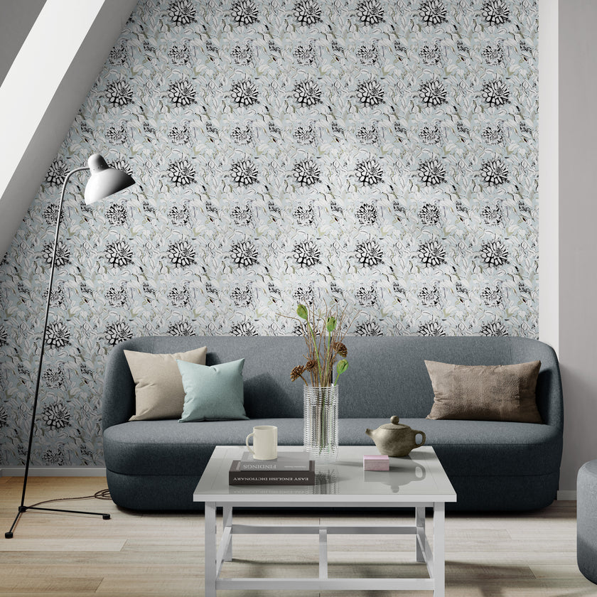 GDSL5003 Dahlias Premium Peel and Stick Wallpaper Panel 26 inch Wide in Light Teal White Black