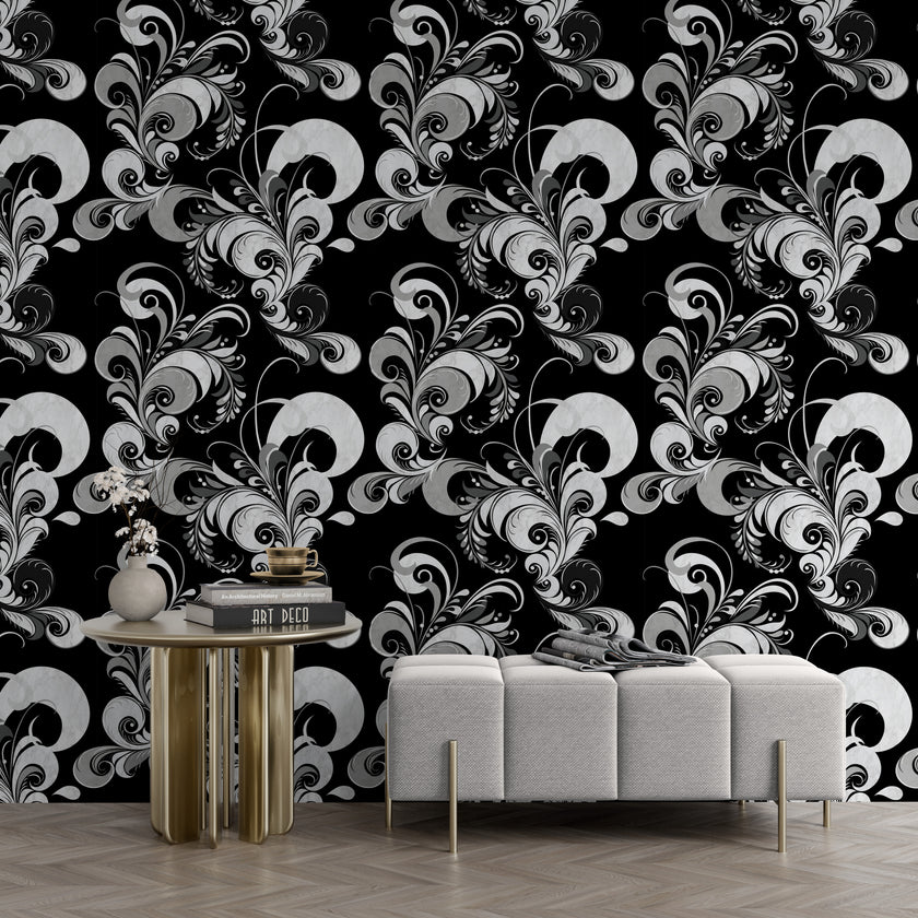 GDM0020 Marina Makaron Designs Paisley in Black Gray Off White Wallpaper Panel 26 inch Wide x 6ft, 9ft, and 12ft Long