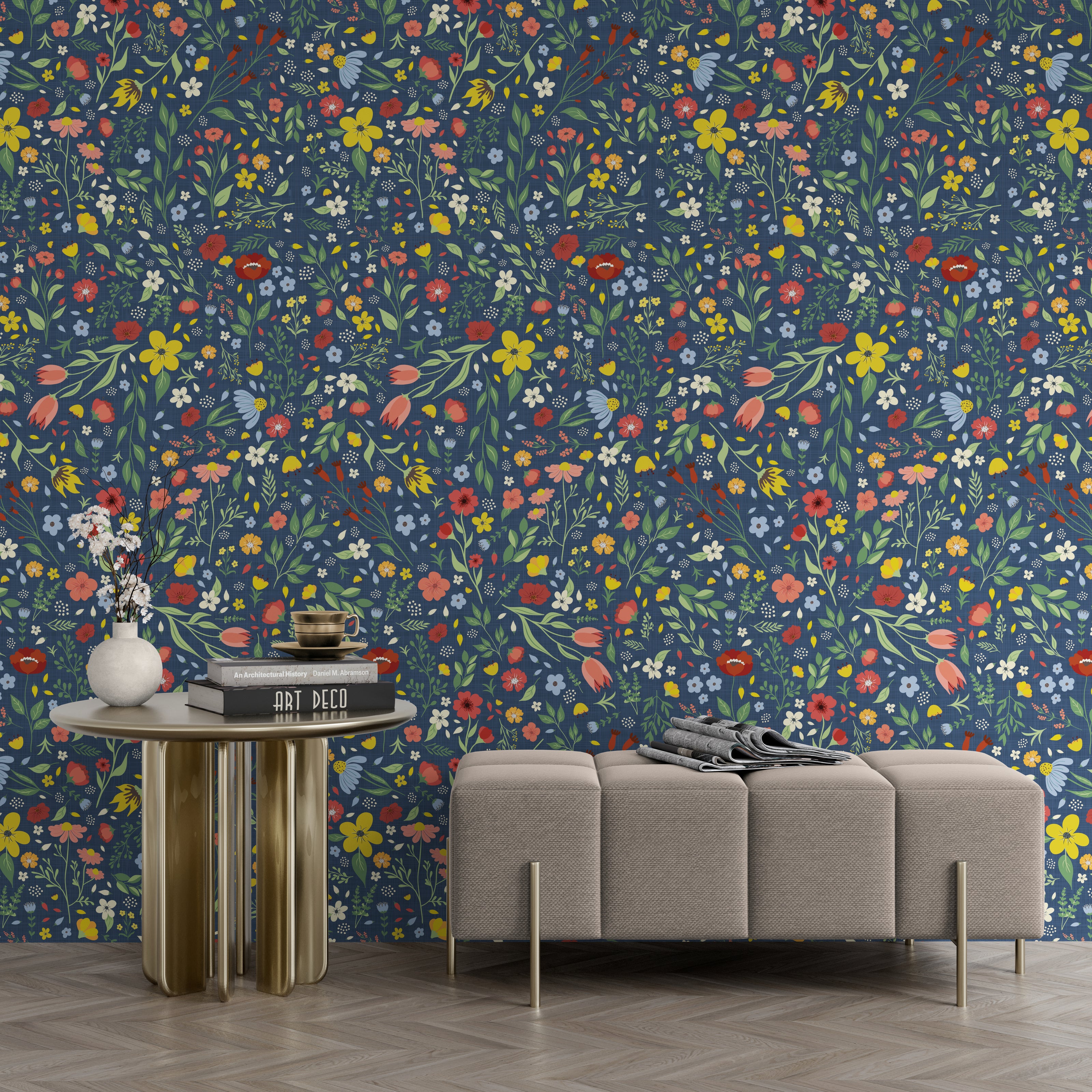 GP5010 Folk Florals Wallpaper Panels in Multi-Color Blue