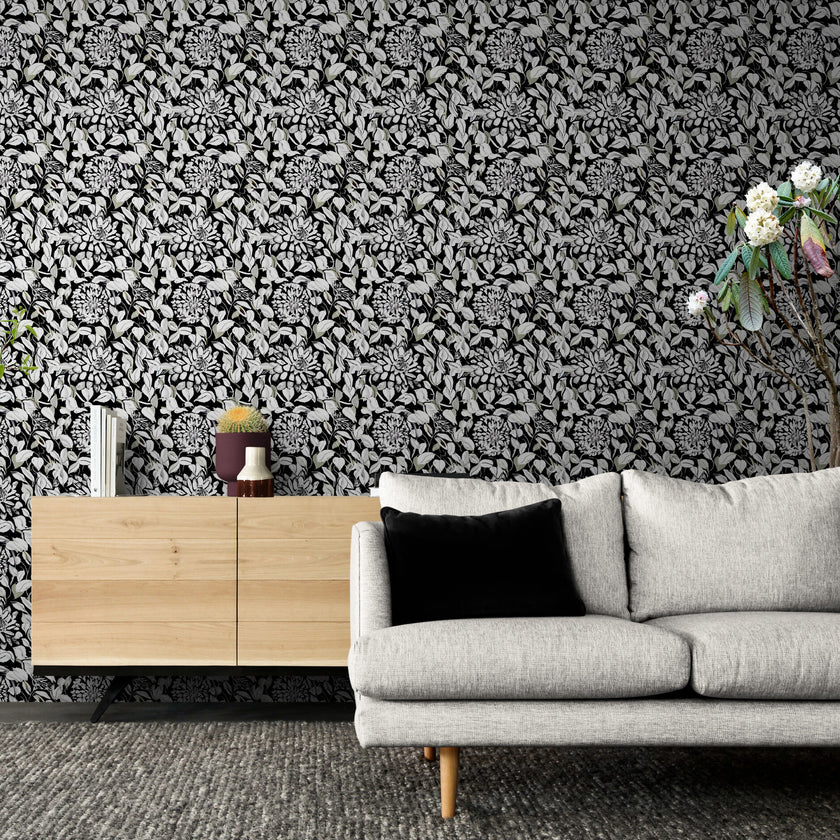 GDSL5003 Dahlias Premium Peel and Stick Wallpaper Panel 26 inch Wide in Light Teal White Black