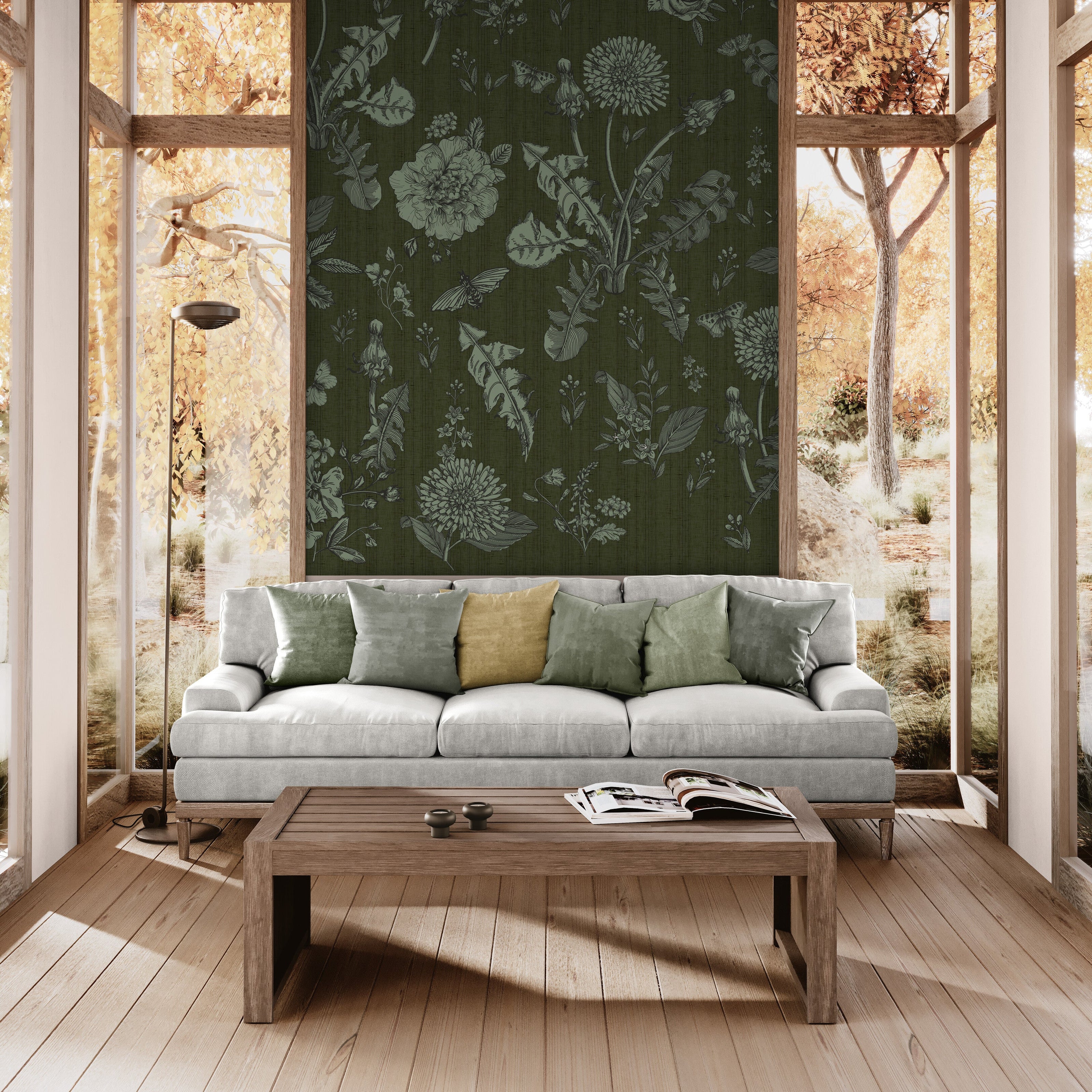 GE5073 Vintage Stripe Botanical Endless Murals Dark Olive Green