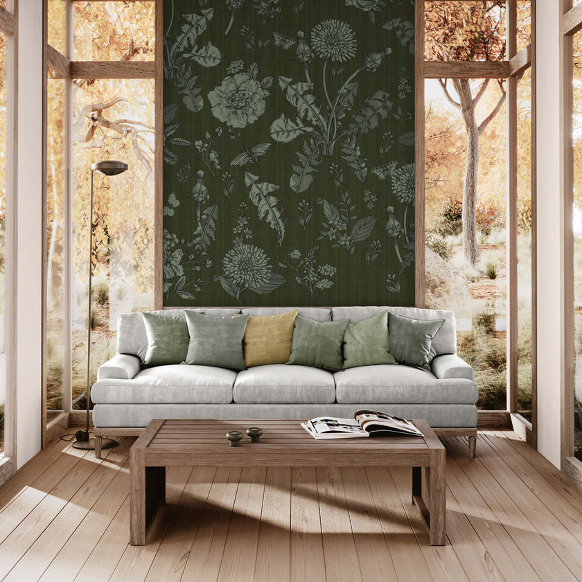 GE5073 Vintage Stripe Botanical Endless Murals in Dark Olive Green