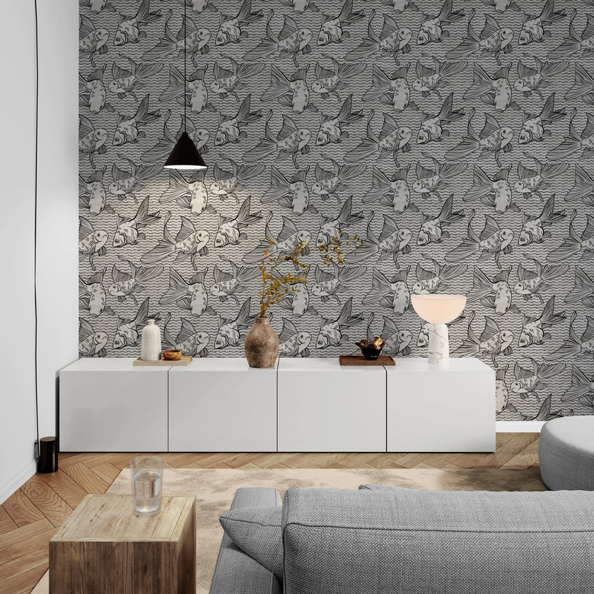 GP3033 Goldfish on Silver Premium Peel and Stick Wallpaper Panel 6 Ft High x 26 Wide in Black Silver