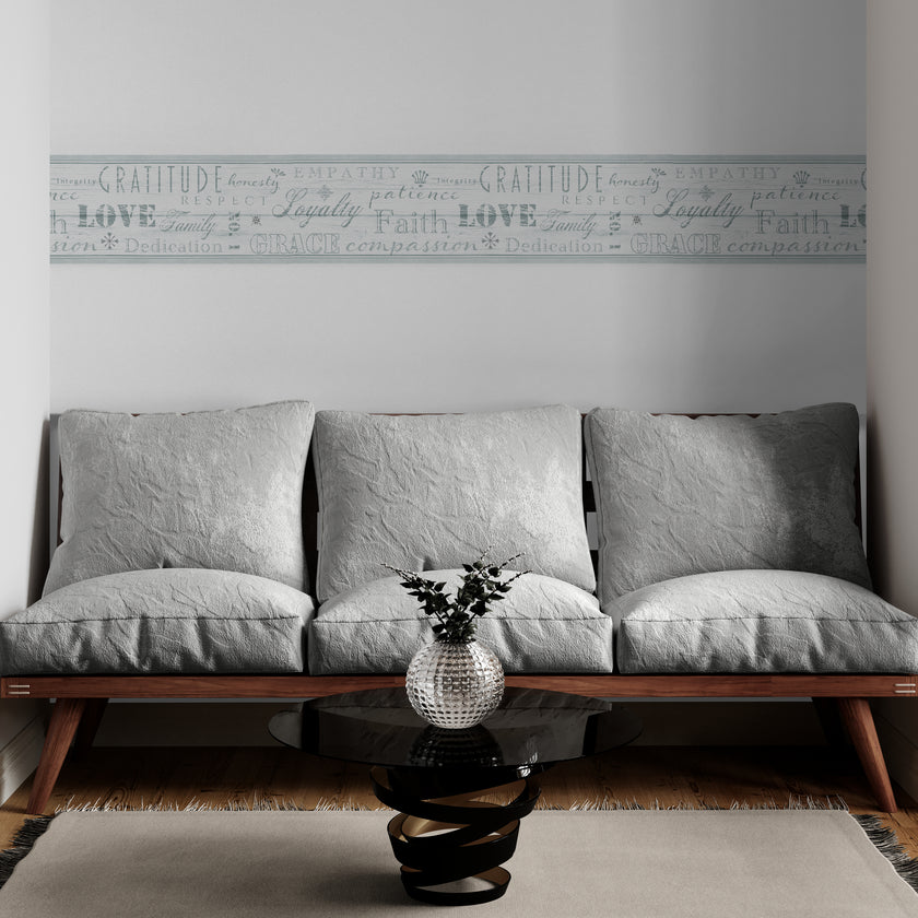 GB4034 Distressed Wood Farmhouse Values Typography Inspirational Words Peel and Stick Wallpaper Border 15Ft long Soft Off White Cream