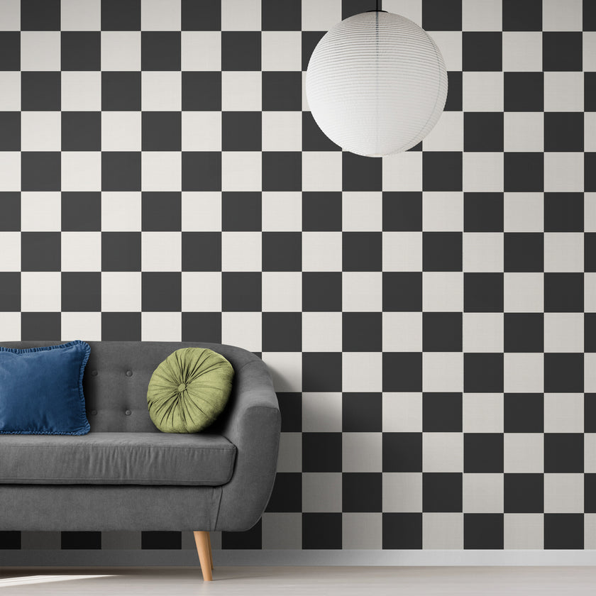 GW0200 Check Faux Grasscloth Plain weave Texture Wallpaper Roll 19 inch Wide x 18 ft. Long in Black White