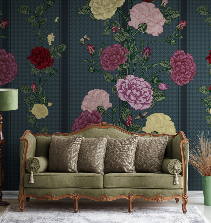 GE5080 Rose Bush Stripe Endless Murals in Dark Red Pink Yellow Navy