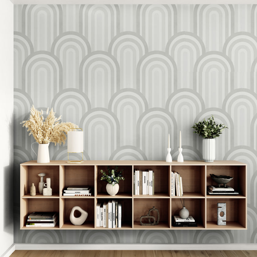 GP1036 Narrow Retro Arches Wallpaper Panels 26in Wide in Light Gray Beige