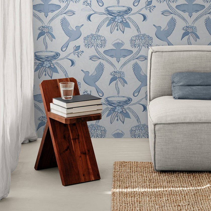 GDE0001 First Flight Endless Mural Peel and Stick Wallpaper Two Panels 26 inch Wide x 6 Ft High in Light Gray Muted Navy Soft Blue